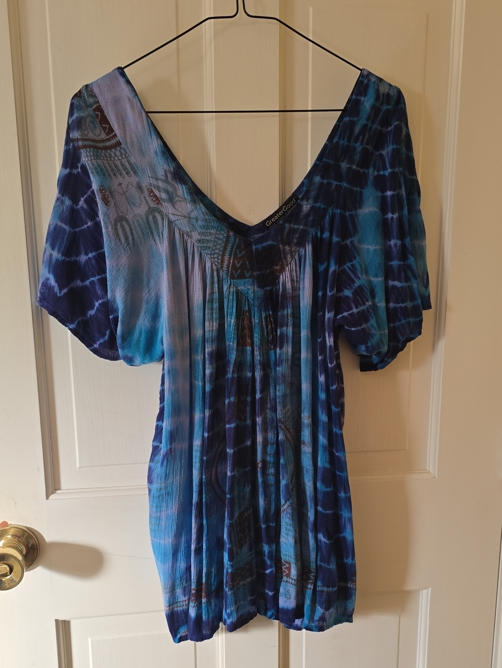 Boho Casual Blue Tie-Dye V-Neck Tunic Size M/L